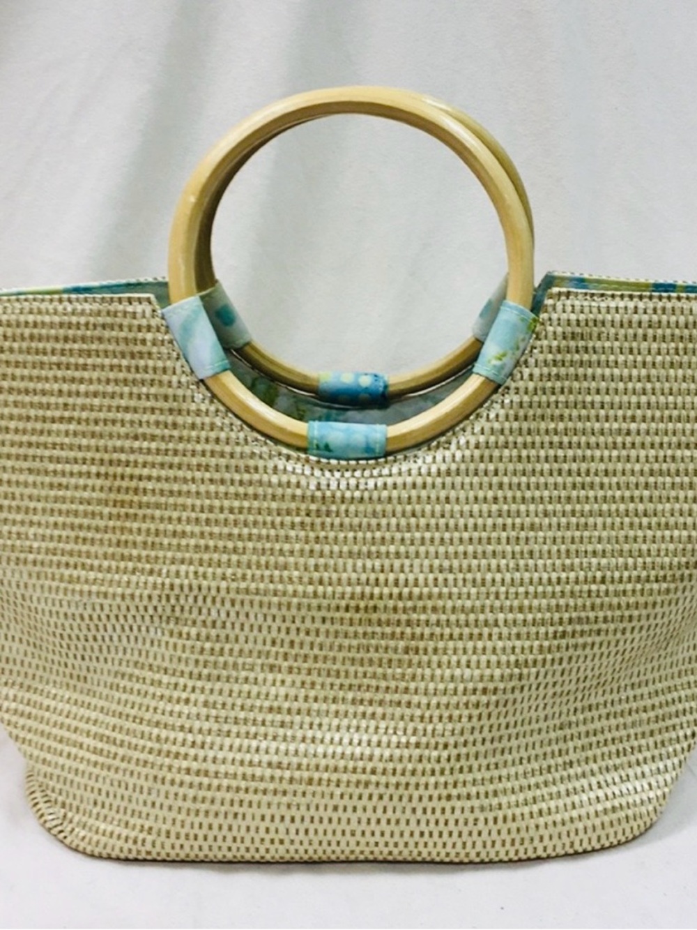 Neiman Marcus Woven Straw Trapeze Tote Bag with Bamboo Handles